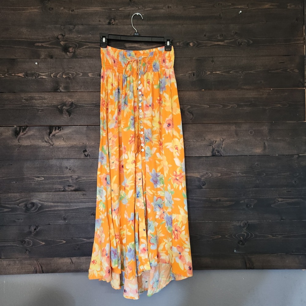 Cynthia Rowley Orange Floral Smocked Maxi Skirt XS Boho Button Front Slit Tassel